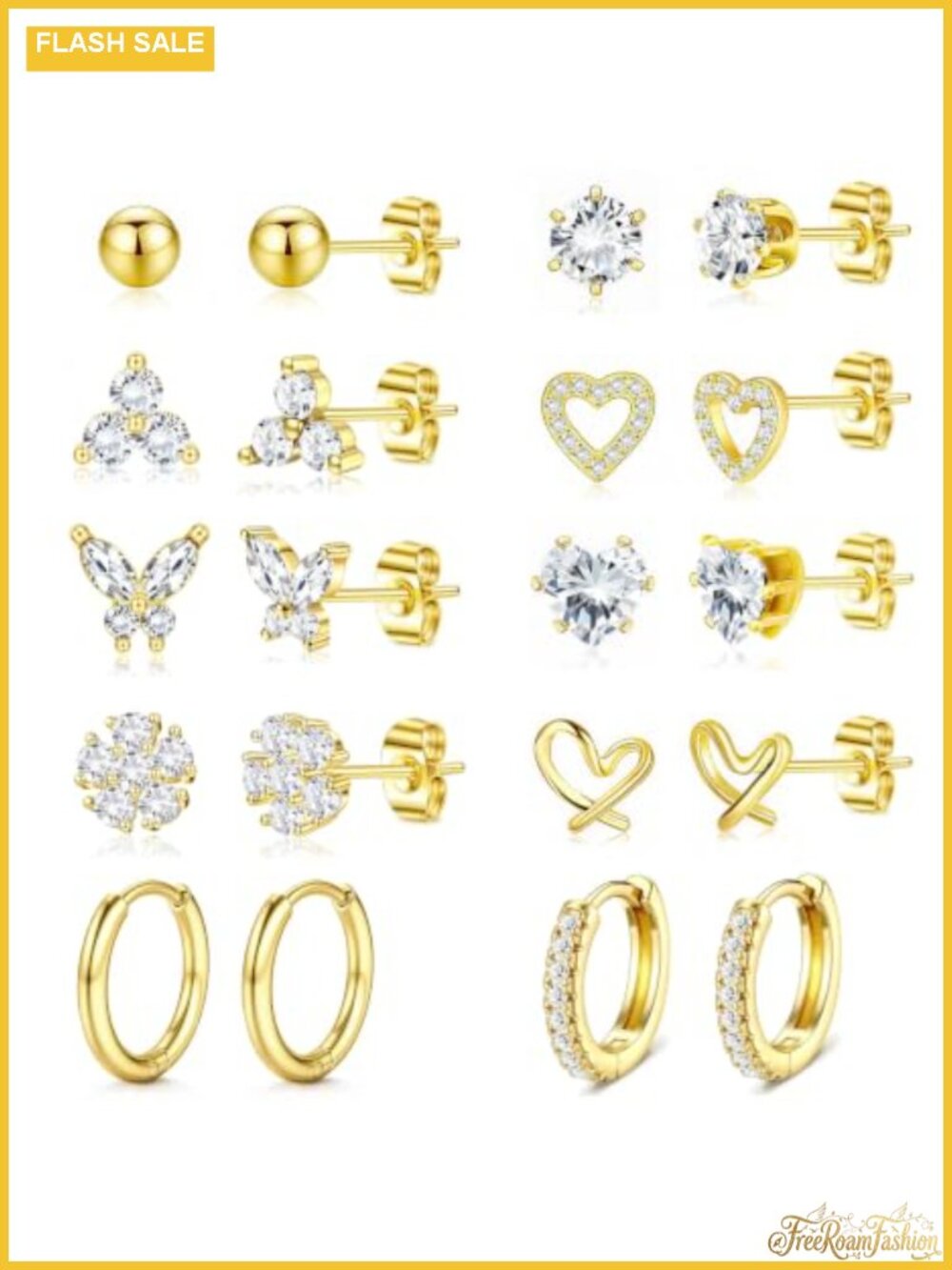 14K Gold Plated Earrings Set for Women Hypoallergenic Nickel Free Studs Huggies
